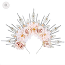 COSUCOS Renfaire Roses Halo Crown - Handmade Woodland Goddess Headpiece with Crystal Gold Sunburst Headband Spiked Green Rose Flower Tiaras for Women Fairy Renaissance Cosplay Halloween