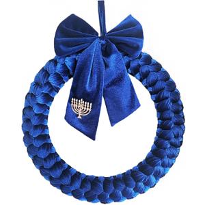 Hanukkah Velvet Wreaths for Front Door, 14" Blue Chanukah Wreath with Bow and Candlestick Ornaments, Hanukkah Decorations for Home Outdoor Indoor Party Table Fireplaces Porch Walls New Years