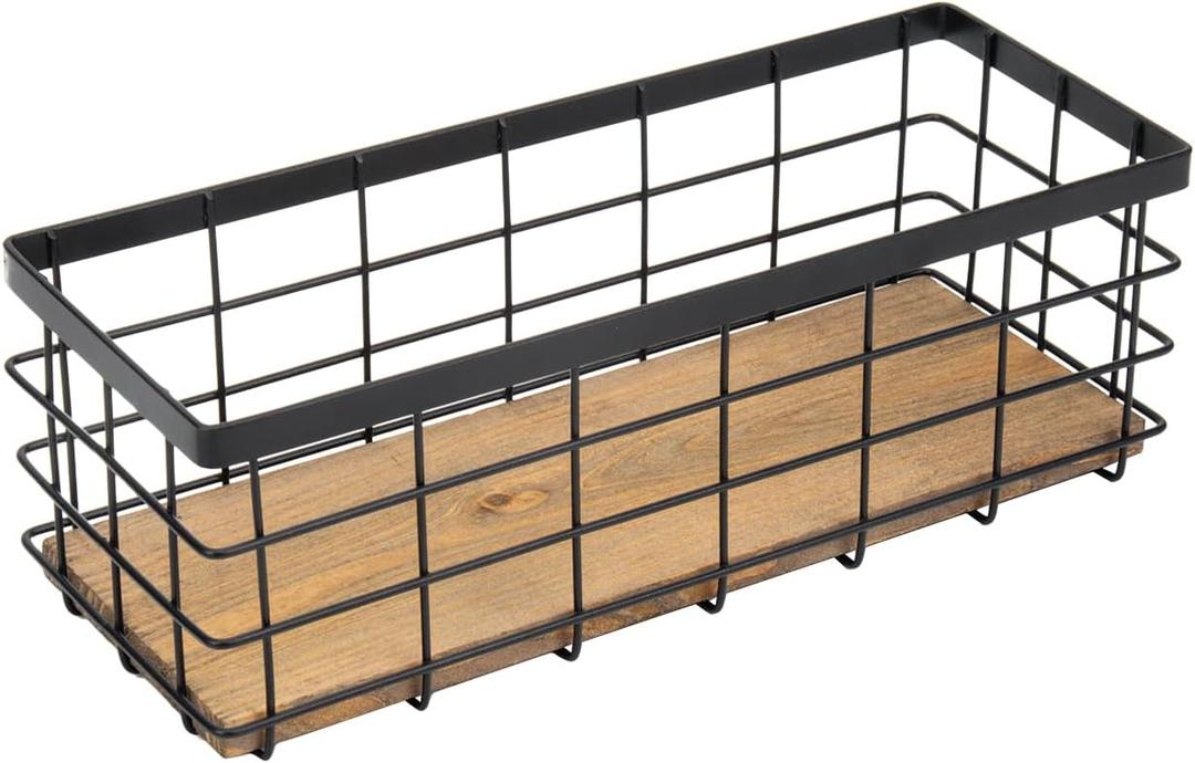 TIEYIPIN Farmhouse Small Metal Wire Storage Basket Bin, Rustic Home Storage Organizer with Wooden Bottom for Kitchen, Cabinets, Bathroom Counter, Pantry, Garage, Laundry Room - Black (1 Pack)