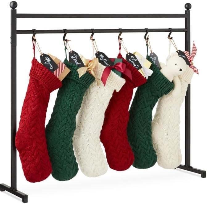 Deluxe Christmas Stocking Holder Stand for Floor-Heavy Duty Freestanding Rack | Iron Metal with Sturdy Base: 45.6 Long x 38.2 Height x 11 Wide | Holiday Decor Hanger | Black 6 Big 6 Small Hooks