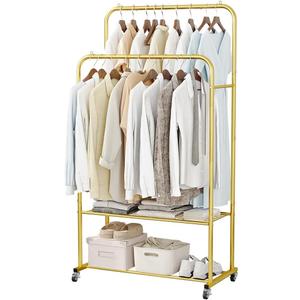 SUOERNUO Clothes Rack with Wheels Garment Rack for Hanging Heavy-Duty Clothing Rack Metal Rolling Clothes Shelves for Bedroom, Closet (Golden)