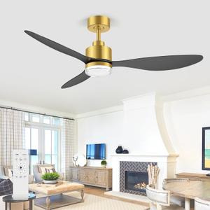 52 Inch Modern Gold Black Ceiling Fans with Lights and Remote, 6-Speed Reversible DC Motor, 3 ABS Blades, 3-Color Led Light, 2 Downrods, Industrial Indoor Ceiling Fan Light Fandeliers for Bedroom