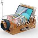 Pezin & Hulin Bamboo Charging Station Holder with 5 Port USB Charger, 5 x Charge Cables, Watch Stand, Wood Docking Stand Electronic Organizer for Multiple Devices, Phones, Tablets and More