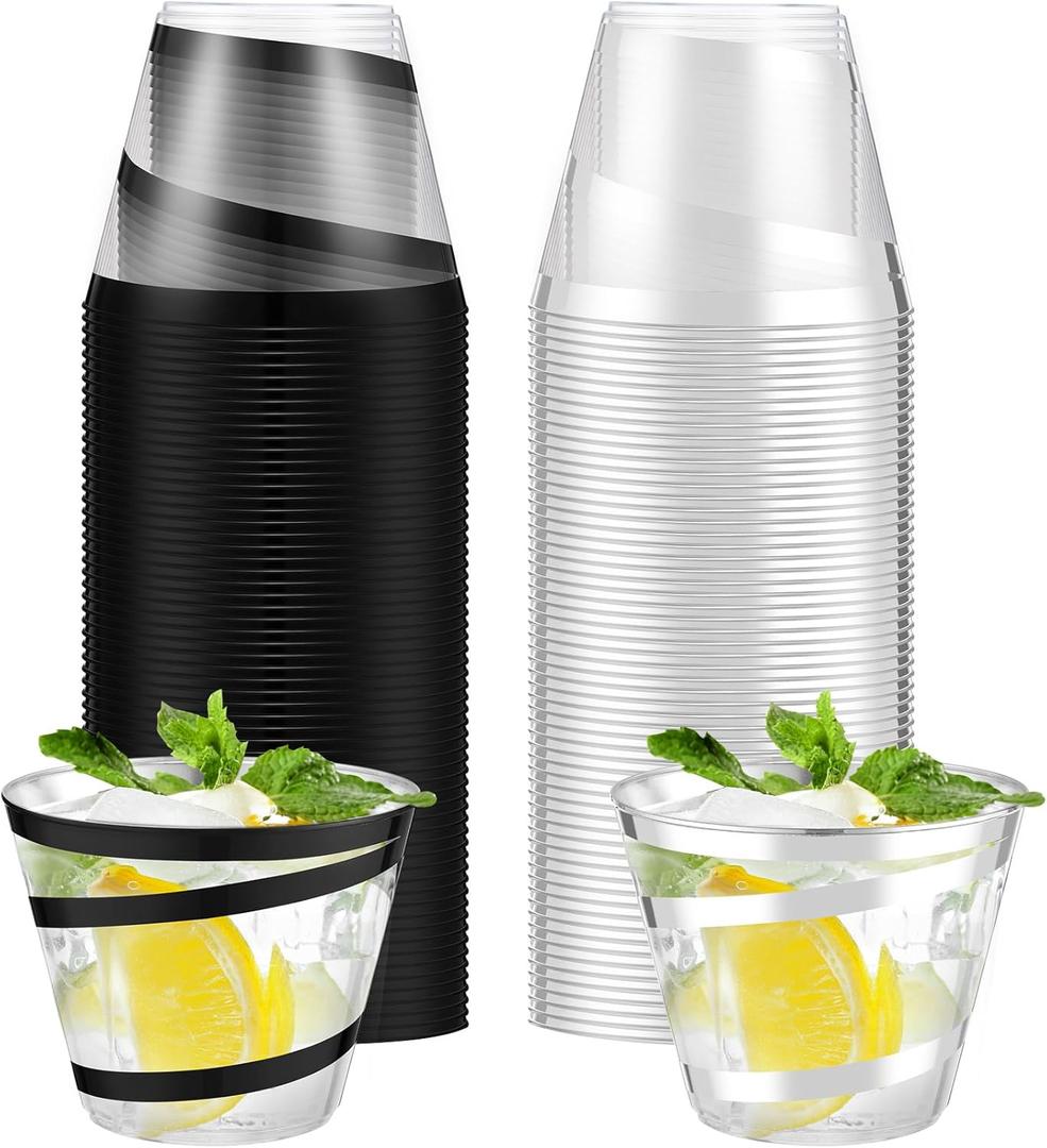 Gejoy 9 oz Rimmed Swirl Plastic Cups Disposable Wine Drinking Cups Clear Elegant Graduation Tumblers for Mother's Day Wedding Party Supplies(100 Pcs,Silver, Black)