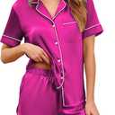 Ekouaer Womens Silk Satin Pajamas Set Short Sleeve Sleepwear Button Down Loungewear 2 Piece Pjs Shorts Set (Hot Pink, 3X-Large)