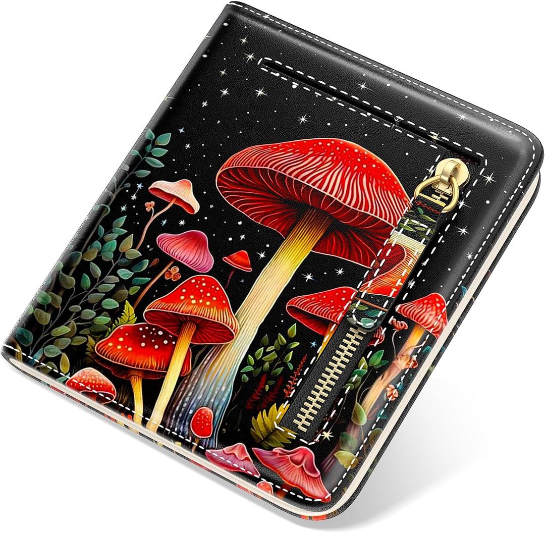 Small Wallet Women, Cute Credit Card Holder for Women, Leather Billfold Slim Card Holder Wallets for Travel, Thin Bifold Pocket Mini Coin Purse, Mushrooms