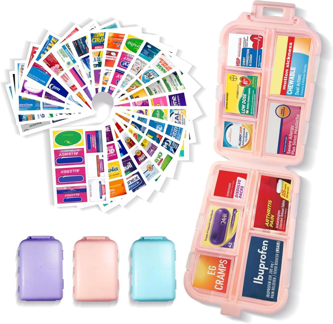 Pill Organizer with Medicine Labels 146 Labels Travel Daily Pill Container Mini Medication Organizer Storage Travel Essentials Pill Case 7 Day Pill Organizer (Blue+Pink+Purple, 3 Packs)