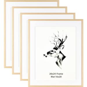 Yaetm 20"x24" Picture Frame with Mat for 16"x20" Set of 4, Natural Solid Oak Wood Frame for Wall Gallery, Photos, Posters & Art Prints, Horizontal and Vertical Wall Mount (4 pack, Oak)