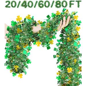 20/40/60/80 FT St Patricks Day Garland Decor Gold Green Shamrock Hat Tinsel Garland, Shiny Metallic Streamer Twist Garland Hanging St Patricks Day Decorations for Home Indoor Outdoor Party Supplies
