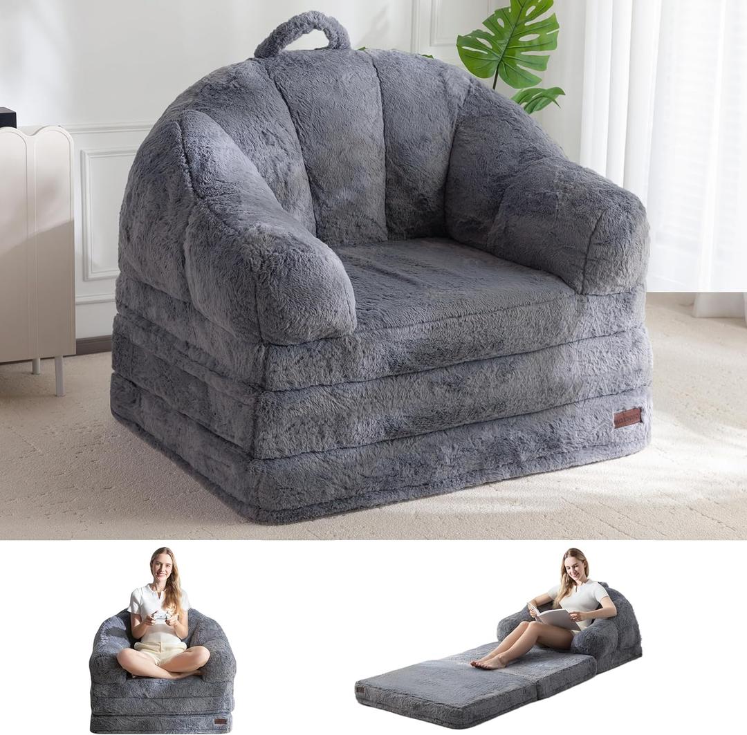 MAXYOYO Folding Sofa Bed, 2 in 1 Convertible Sofa to Lounger Comfy Single Bean Bag Chair for Adults, Floor Sleeper Couch with Handle, Faux Fur Couch Bed for Living Room Bedroom, Grey