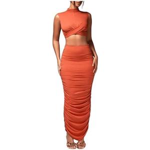 BEAUDRM Women's Sexy 2 Piece Outfits Solid Mock Neck Criss Cross Crop Top Tank Top and Ruched Maxi Skirt Bodycon Skirt Sets, Large