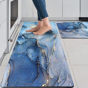 Mrcrypos Set of 2 Blue and Gold Marble Kitchen Mats PVC Leather Waterproof Non Slip Cushioned Standing Mats Anti Fatigue Kitchen Comfort Mats for Floor,Sink,Laundry,Office 17"x29"+17"x47"