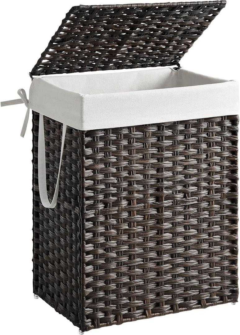 SONGMICS Laundry Hamper with Lid, 23.8 Gallon (90 L) Synthetic Rattan Clothes Laundry Basket with Lid and Handles, Foldable, Removable Liner, Chestnut Brown ULCB051K02