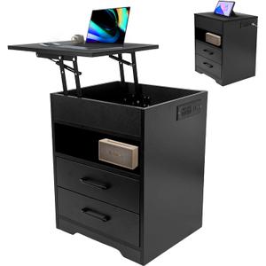 Nightstand Bedside Table with Lift Top for Laptop, Night Stand with Hidden Casters, Wheels, Led Lights for Bedroom Aesthetic, USB C-Port & Power Strip Outlet, Black