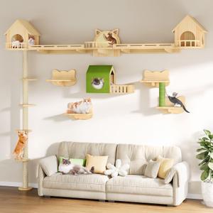 DWVO Solid Wood Cat Wall Shelves and Perches, Tall Floor to Ceiling Cat Tower w Scratching Posts, Wall Mounted Cat Furniture Climbing Shelves for Large Cats w Houses, Steps, Runway, Scratching Board