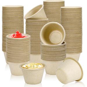 LeonBach 150 Pack 4oz Natural Bagasse Fiber Sauce Cups, Compostable Small Disposable Paper Dipping Bowls Biodegradable Condiment Portion Sample Snack Charcuterie Serving Tasting Cups (Brown)