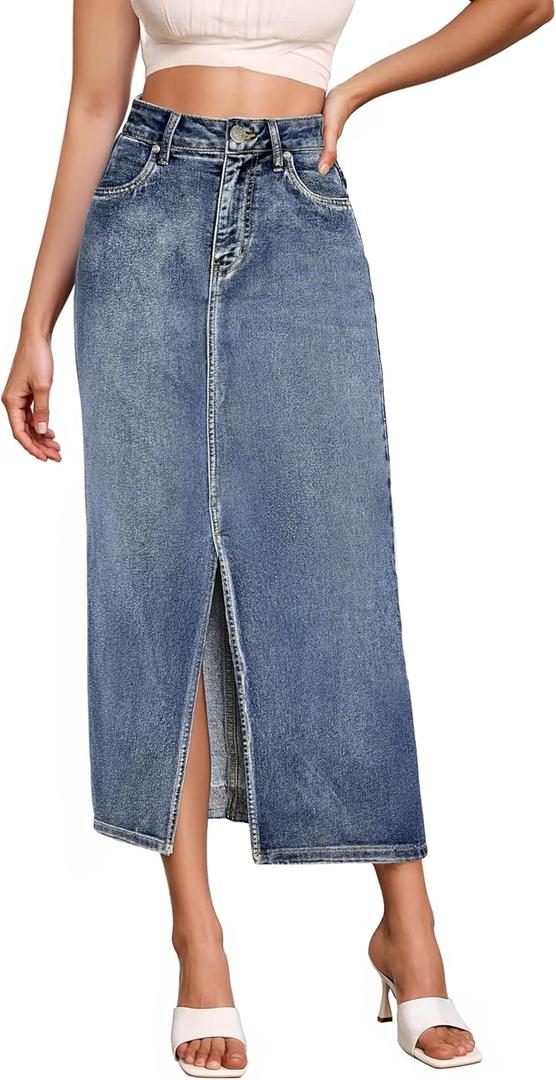 Hybrid & Company Women's Long Denim Skirt Stretch Jean Skirt for Office and Casual Wear (Blue, S)