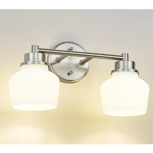 Emak Brushed Nickel Bathroom Light Fixtures, 2Light Bathroom Vanity Light with Milk Glass Shade, Modern Vanity Lights for Bathroom, Mirror, VL122BNML2