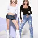 MANGOPOP Women's Square Neck Top Double Lined Short Sleeve Long Sleeve T Shirt Fitted Seamless Tee (Black, XS)