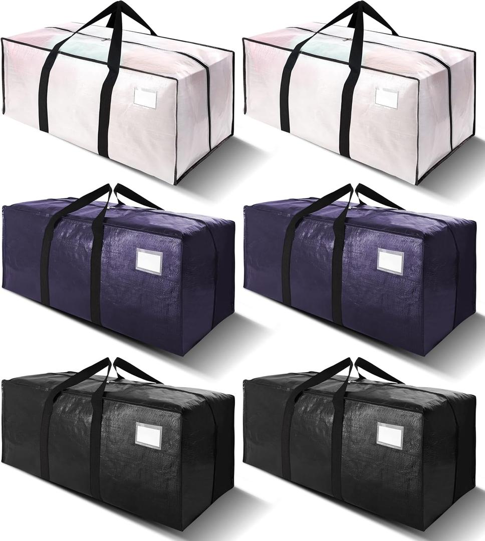 6 Pack Heavy Duty Extra Large Moving Bags W/Backpack Straps - Strong Handles & Zippers, Storage Totes For Space Saving, Fold Flat, Alternative to Box and Bin (40 gal, Semi-Transparent+Blue+Black)