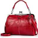 Women Vintage Hollow Handbag Oil Leather Shoulder Crossbody Bag Clutch Satchel Purse with Kiss Lock Closure (Wine Red)