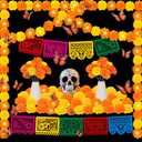57pcs Day of The Dead Decor, 2 Marigold Garland, 20 Marigold Flowers, 18 Fake Butterfly, 9 Mexican Banner Papel Picado, 8 Skull for Indian Diwali Altar Dia De Los Muertos Decorations, Orange Yellow