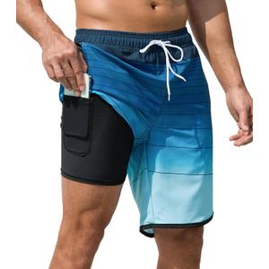 Mens Swim Trunks with Compression Liner 9 Inch Quick Dry Bathing Suit Board Shorts with Zipper Pockets (Blue) 36