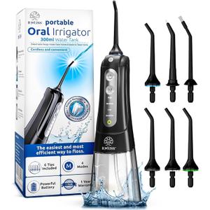 Water Flosser Cordless Pick for Teeth, 4 Modes, Gentle on Gums, Removes Plaque & Food Particles, B. WEISS High-Power, Rechargeable & Waterproof Oral Irrigator; 6 Tips Included, Black