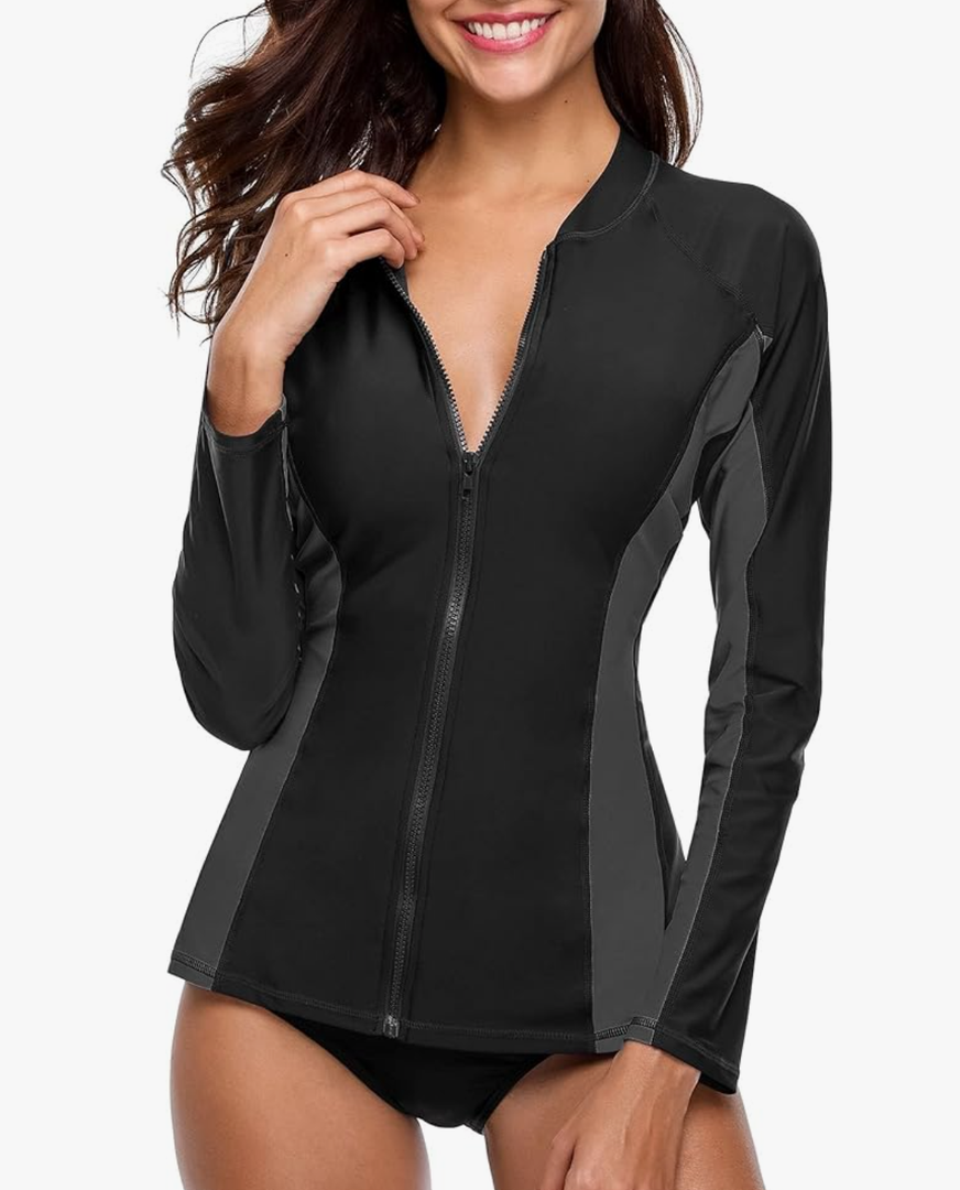 ATTRACO Women's Rashguard Swimsuit Zip Front Sun Protection Swim Shirt UPF 50+ 1X
