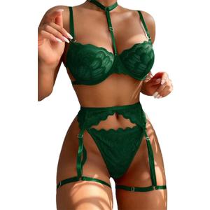 Lilosy Sexy Choker Floral Lace Underwire Push Up Garter Belt Lingerie Set for Women Sheer Bra and Panty 3 Piece (Large, Army Green)