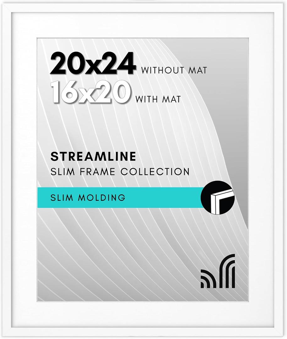 Americanflat 20x24 Picture Frame with Polished Plexiglass - Use as 16x20 Frame with Mat or Display 20x24 Photo Without Mat - Streamline Collection - Thin Border Picture Frames for Wall - White