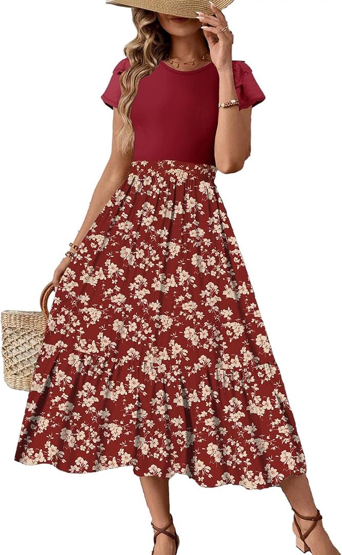 Dokotoo Women's 2026 Summer Dress Short Sleeve Crew Neck Casual Floral Print Long Flowy Dresses Maxi Dresses (S)