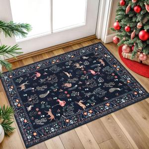 Floral Animal Entryway Rug 2x3, Black Small Area Rug Non-Slip Washable Low-Pile Ultra Thin Kitchen Rug Flower Print Floor Mat for Entrance, Bedroom, Bathroom, Indoor Door Carpet for Home