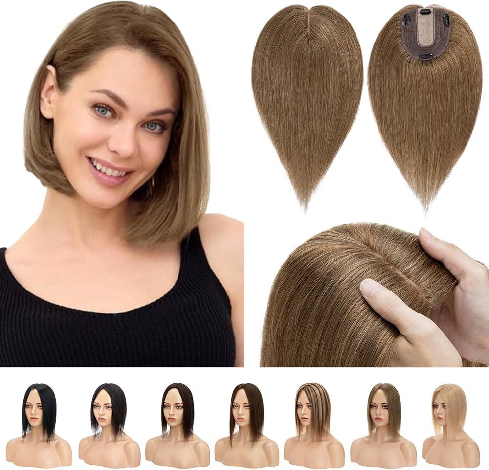 Hairro 100% Real Human Hair Toppers for Women No Bang, Clip in Real Hairpieces, Breathable Silk Base for Covering Greyish Thinning Hair Loss on Top, 16 Inch Mocha Brown