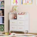 Furnulem 5 Drawer White Dressers for Bedroom 2 Tier Shelf Storage Small Fabric Dresser for Closet Sturdy Metal Frame Modern Style Storage Cabinets Organization Units for Hallway Rooms