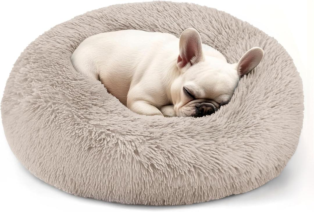 Dogs Bed for Small Dogs, Anti-Anxiety Washable Round Bed (Brown, 24.0" L x 24.0" W x 8.0" Th)