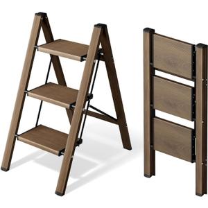 HillhutApex 3 Step Ladder, Lightweight Portable 3 Step Stool with Anti-Slip Wide Pedal,330lbs Capacity Aluminum Ladder for Household,Office,Library(Walnut)