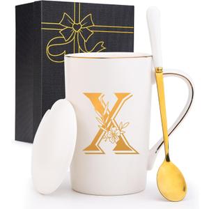 Letter X Personalized Initial Mugs with Flower, Letter X Personalized Coffee Mug, Customized Cool Letters Mugs for Women, Bridal Shower Gifts, Women's Initials Gifts Mug 14 OZ Matte White