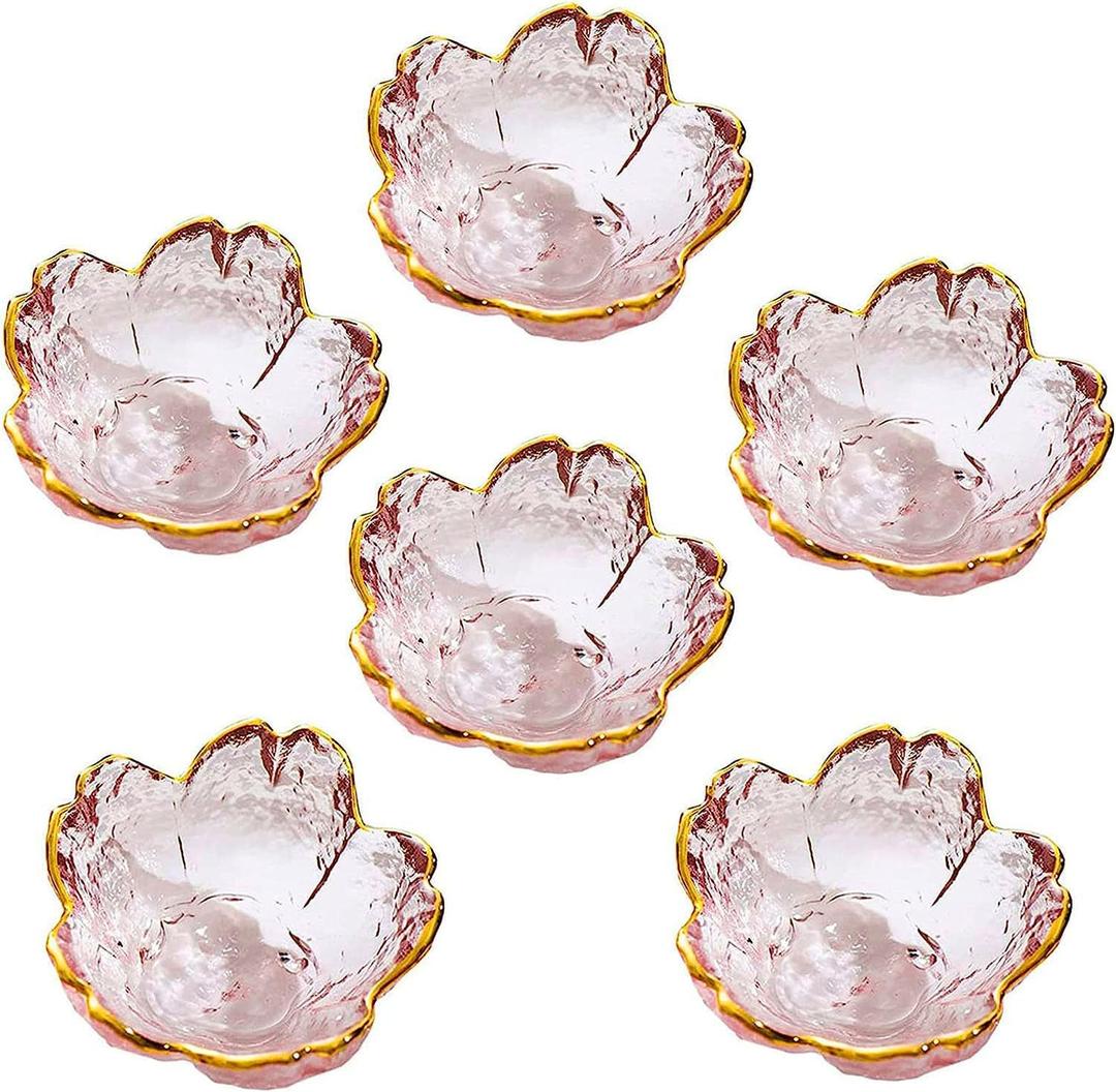 Seasoning bowls with gold rim,6 pcs Pink Cherry Flower Crystal Glass Appetizer Plates dipping bowls Small Glass Dish 3.26*1.42 inch ,6.2oz pink glass plates mini for charcuterie board (Phnom Penh)
