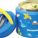11.8 oz Thermo for Hot Food, Soup Thermo Stainless Steel, Hot Food Container with Fold-up Spoon, Flip Open Lid School Insulated Food Jar, Keep Hot & Cold for Work,Blue-Dinosaurs