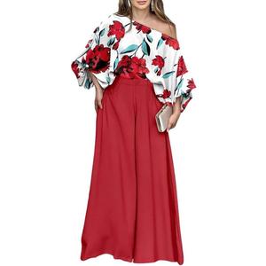 CHICME Women Summer 2 Piece Outfits Off Shoulder Top Flowy Wide Leg Pants Set Vacation Travel Airport Outfits (Red, XXL)