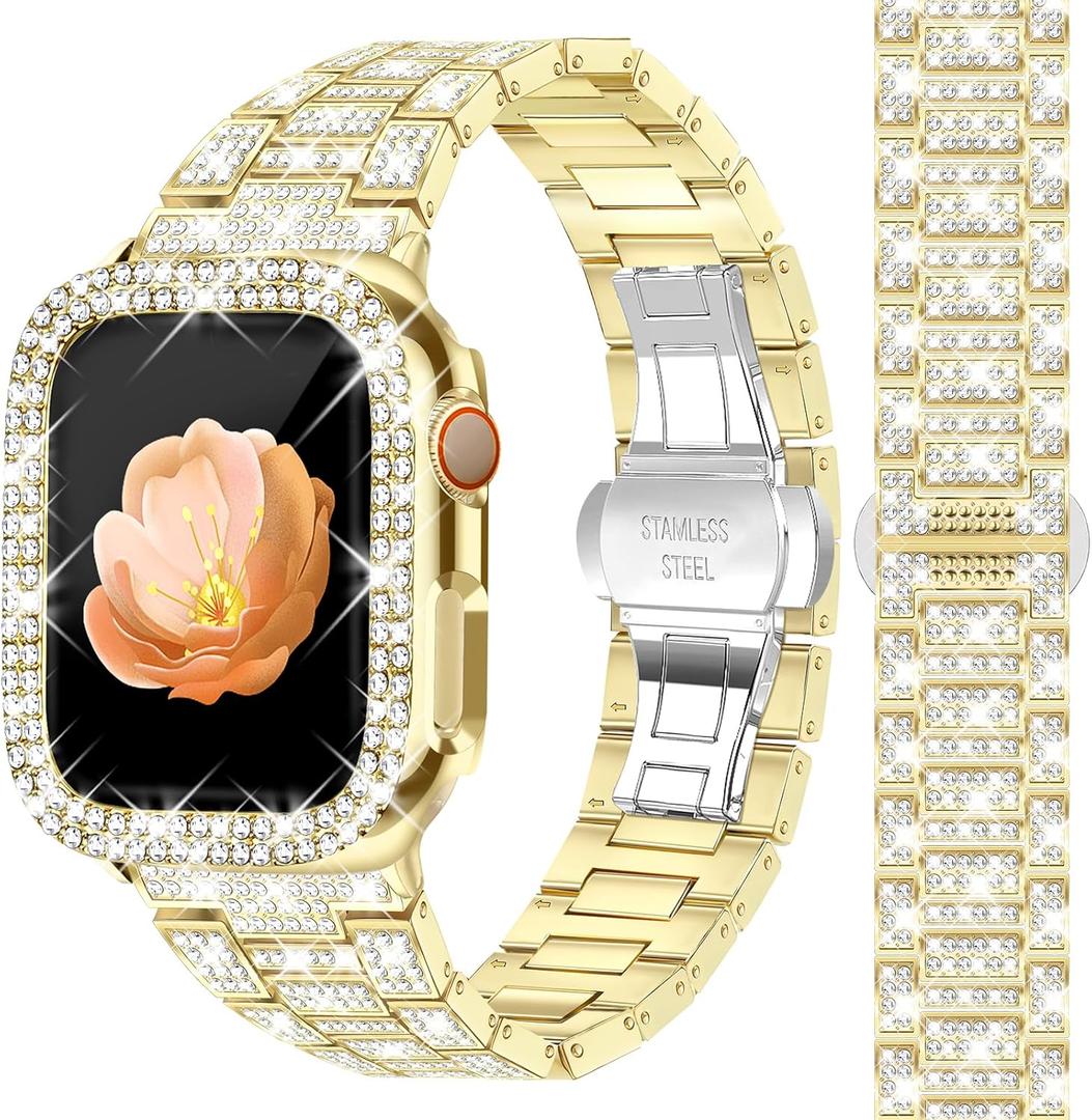 Newlibery Full Bling Watch Bands with Bling Case for Women Compatible with Apple Watch Band 41mm Elegant Dressy Jewelry Replacement Metal Link Wristband Protector Cover for iWatch Series 9/8/7 Gold