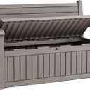80 Gallon Lockable Deck Bench with Storage, Resin Stripes Outdoor Storage Box, Waterproof Outdoor Porch Bench for Cushions Garden Tools, and Pool Supplies, Grey