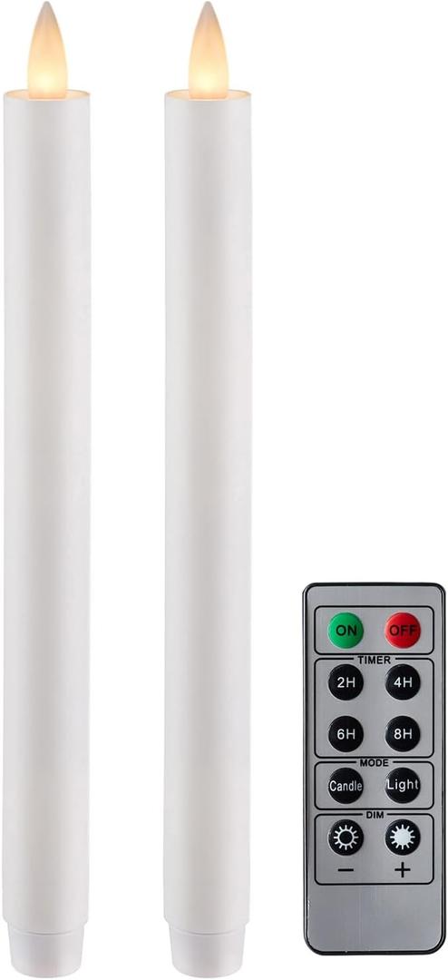 2 x Flameless Taper Candles Flickering with Remote and Timer, 3D Moving Flame Taper Candle Battery Operated to 400 Hours, 9 Inch Window Candles, (White)