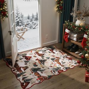 Wonnitar Christmas 2x3 Entryway Rug, Non Slip Washable Small Kitchen Rug, Soft Christmas Village Door Mat Indoor Entrance, Low Pile Xmas Throw Rug for Bathroom Bedside Holiday Decor (Beige,2'x3')