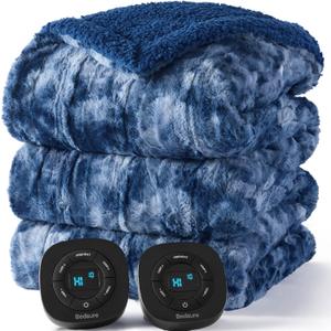 Bedsure Faux Fur Electric Blanket Queen Size, Dual Control Heated Blanket Queen, Fast Heating Blanket with 10 Heating Levels & 10 Time Settings, Cozy Gifts for Women Men (84x90 inches, Denim Blue)