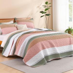 Litanika Quilt Queen Size Pink, Green and White, Orange Stripe Patchwork Summer Bedspread Coverlet 3 Pieces, Soft Lightweight Polyester Comforter Bedding Set for All Season(1 Quilt, 2 Pillowcases)