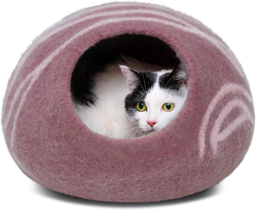 MEOWFIA Cat Cave Premium Felt Cat Bed for Indoor Cats, Handmade Merino Wool (Rose Gold, Large)
