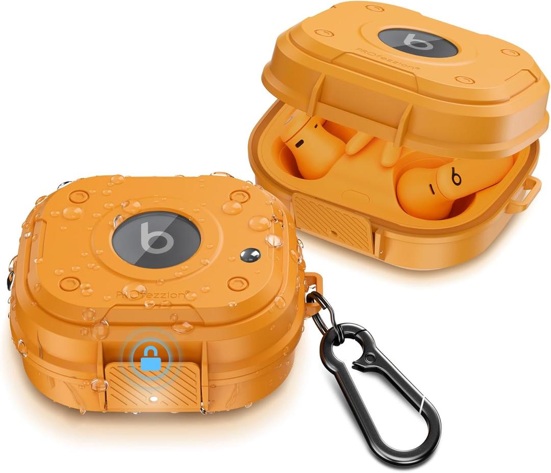 PROfezzion for Beats Power beats Pro 2 Case Cover, Heavy Duty Hard Shell Case with Full Coverage and Secure Locking Latch for Power Beats Pro 2 Earbuds - Electric Orange (Not for The Power beats Pro 1)