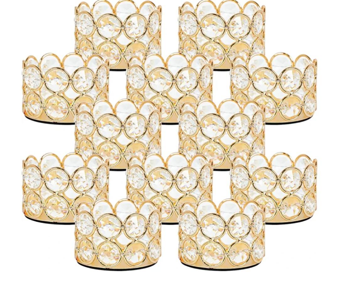 VINCIGANT Pack of 12 Gold Crystal Tea Light Candle Holders for Wedding Home Table Centerpiece Decoration, Valentine's Day Gifts (Candle Excluded)
